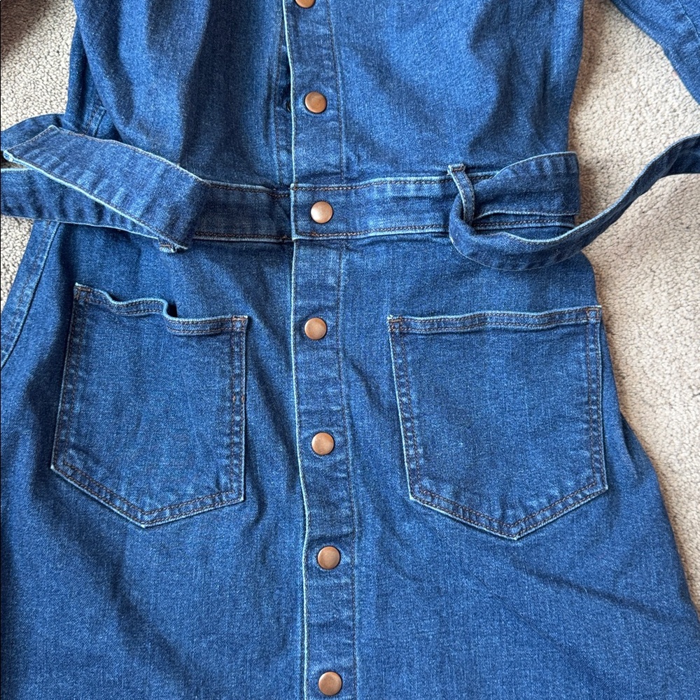LOFT Blue Denim Shirt Dress Button Front Belted Pockets SIZE 10 - Picture 3 of 7